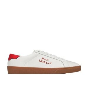 Saint Laurent White Leather Low-Top Sneakers with Red Heel Tab and Gum Sole